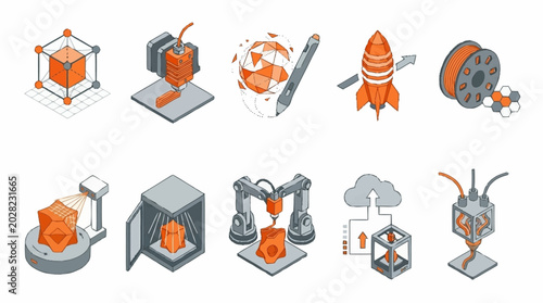 Foto 3D printing technology icons and symbols.