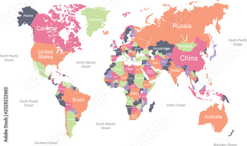 Colorful Political World Map with Country Names Vector Illustration