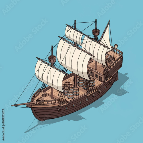 A brown wooden sailing ship with white sails on blue background.