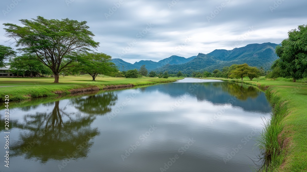 Fototapeta premium Serene Landscape with Reflective Water, Lush Green Trees, Rolling Hills, and Dramatic Clouds Over a Peaceful River in a Scenic Golf Course Environment