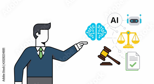 Person points to AI law symbols brain, robot, gavel, scale, document