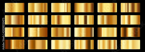 Gold gradient set. Realistic metallic gold textures with smooth gradients and shine effects. Vector illustration for luxury design, premium background and elegant UI concepts.