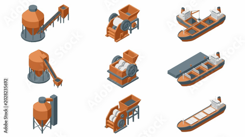 Isometric industrial equipment and cargo ships.