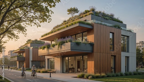 Modern eco-friendly residential building with green roof and wooden facade.