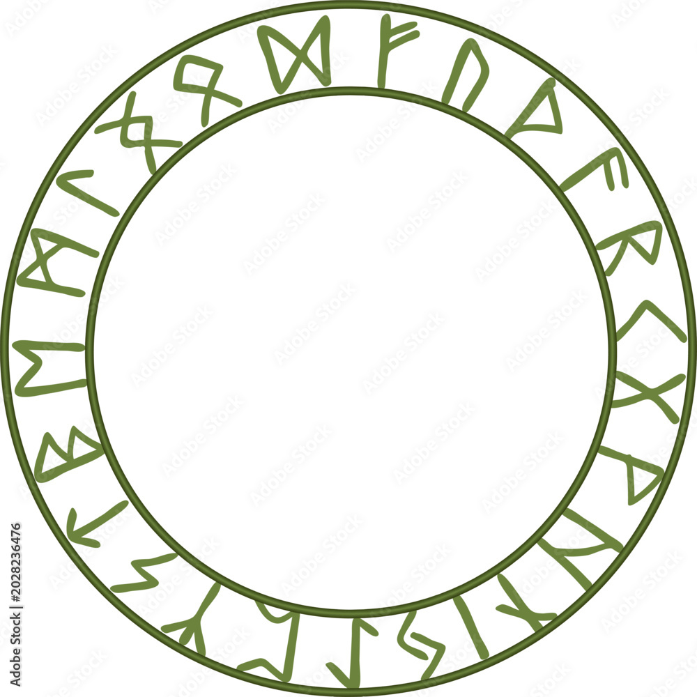 Fototapeta premium Rune inscribed circular frame, line art, olive green.