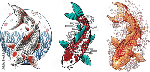 Cuadro en lienzo Koi Fish Vector Collection with Black-White, Red-Teal, and Golden-Orange Designs
