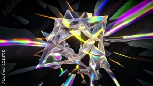 Abstract Futuristic Crystal Shape with Iridescent Rainbow Prism Light Flares on Black Background