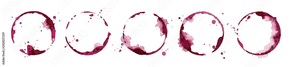 Obraz premium Realistic Red Wine Stains and Circular Glass Rings Vector Set on White Background