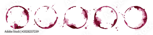 Realistic Red Wine Stains and Circular Glass Rings Vector Set on White Background