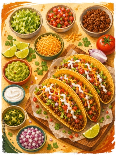 Mexican Beef Tacos with Fresh Vegetables and Toppings