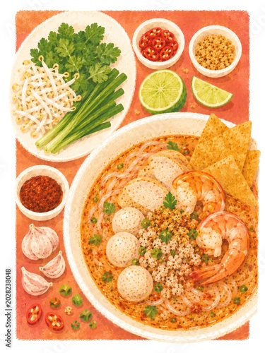 Thai Tom Yum Noodle Soup with Shrimp and Fish Balls