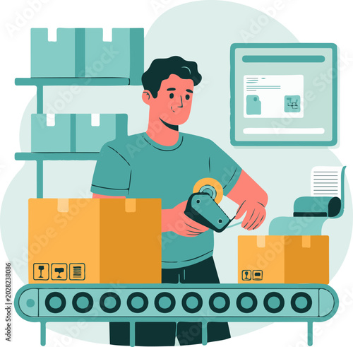 Flat vector illustration of a warehouse worker packing boxes on a conveyor belt, isolated on transparent background for design.