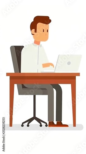 Young professional cartoon man working diligently at a desk with his laptop in a modern office setting, representing remote work and productivity