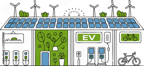 Bold outline vector illustration of a sustainable smart city building with solar panels and wind turbines, isolated on background.