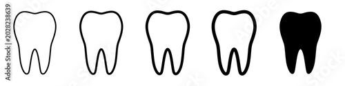 Tooth icon set variation black outline filled flat graphic row.
