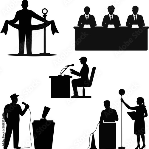 Black silhouette set of people in government and public speaking roles isolated on transparent background for official use