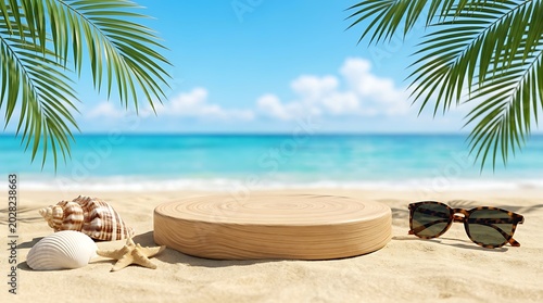 Tampilan Papan Display Produk Kayu di Pantai Tropis dengan Latar Laut Biru Cerah dan Pohon Kelapa