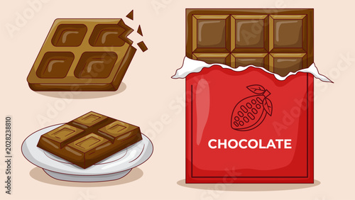 Chocolate Bar and Broken Pieces Illustration Set