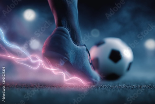 Soccer player's foot with pink and blue energy light trails, kick soccer ball on dark night stadium field with blurred lights. Dynamic action shot
