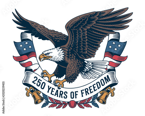 Vintage USA 250 Years of Freedom Eagle Badge vector Illustration, Patriotic Anniversary Design isolated on white background