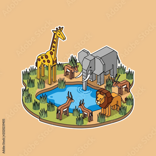 Photography Wild animals gathered at a watering hole.