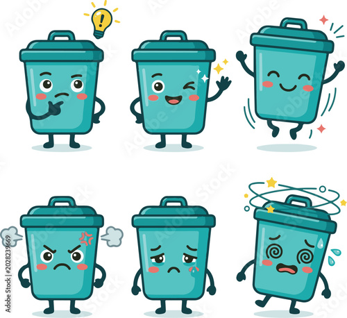 Trash can cartoon character mascot set, funny garbage bin character vector icons, cute waste container emojis, recycling bin illustration collection, eco-friendly cleaning mascot characters, rubbish