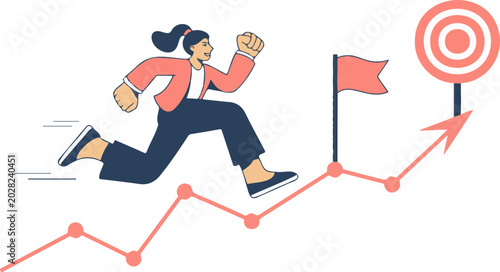 Flat cartoon vector of a determined businesswoman running towards a target flag, isolated on transparent background for success