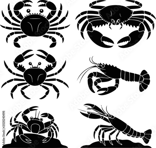 Black silhouette vector collection of various crabs and lobsters marine life isolated on transparent background for seafood