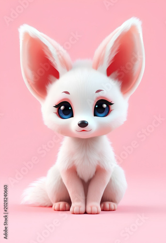  Cute pink-themed baby fennec fox with fluffy pastel fur, oversized ears, glossy anime eyes, minimalistic 3D cartoon style, soft blush lighting, solid pastel pink background, kawaii toy aesthetic.