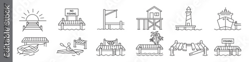 Tableau sur toile Pier and dock waterfront icon set – editable outline symbols of jetty, lighthous