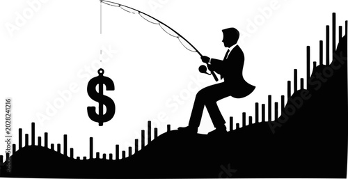 Black silhouette vector of a businessman fishing for money, isolated on transparent background for financial growth concepts
