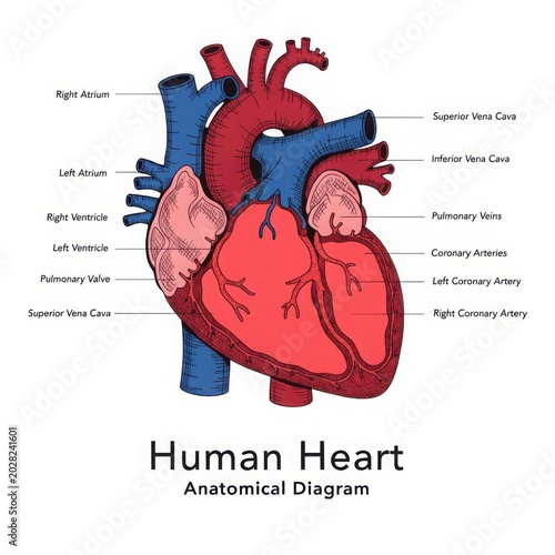 Anatomical diagram of the human heart with labeled parts and blood vessels