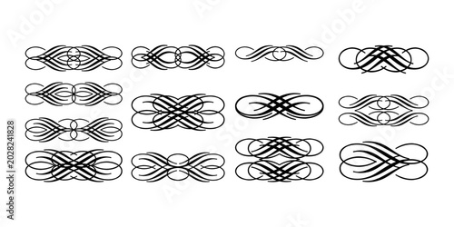A set of twelve unique, symmetrical ornamental dividers and flourishes in black on a white background, perfect for graphic design elements