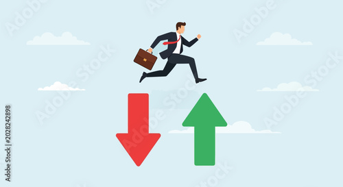 Photos Business executive jumping between red falling and green rising arrows symbolizing financial market volatility and economic growth trends for corporate success