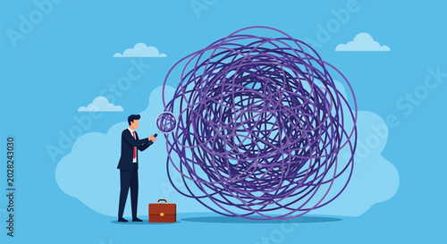 Photos Man with magnifying glass examining tangled purple threads ball symbolizing complexity confusion and challenge in finding solutions for difficult problems