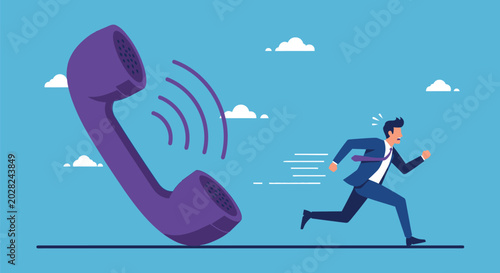 Tableau sur toile Stressed businessman running away from oversized ringing telephone receiver on blue sky background representing workplace burnout and excessive communication pressure