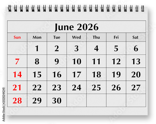 Page of annual monthly calendar - month June 2026