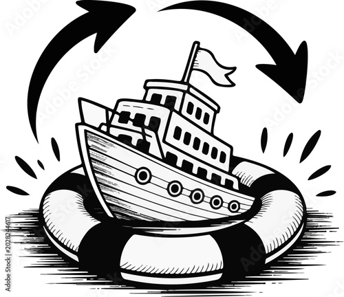 Hand-drawn doodle of a ship inside a lifebuoy isolated on transparent background, maritime safety and rescue concept illustration