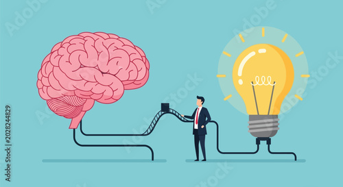 Tableau sur toile Businessman connecting brain to light bulb concept, creative idea generation, thinking process, intelligence, strategy development