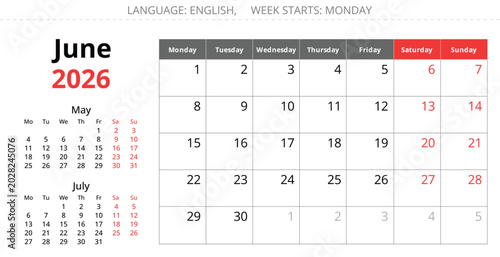 June 2026 monthly English calendar. Monday start, vector design