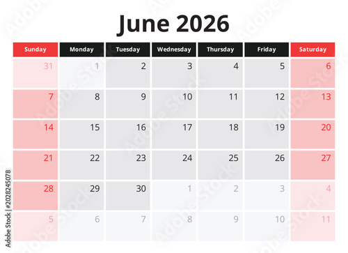 June 2026 planner calendar. English monthly page