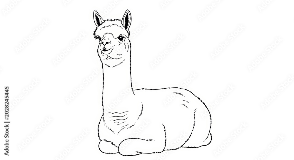 Fototapeta premium Cute Cartoon Alpaca Character Relaxing in a Simple Line Art Style