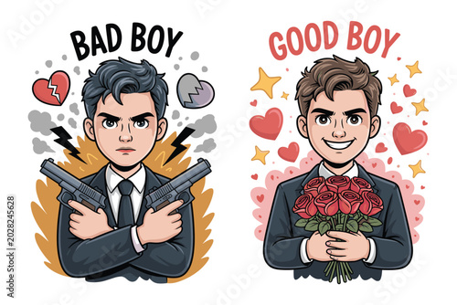 Bad Boy vs Good Boy Character Illustration with Opposite Personality Cartoon Style