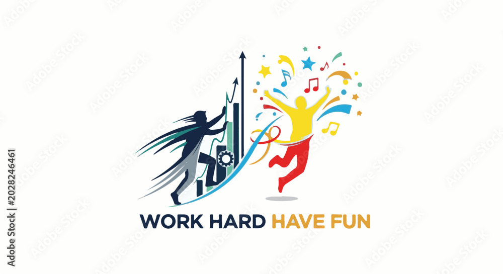 Fototapeta premium Dynamic graphic representing effort and celebration with colorful abstract elements and human figures
