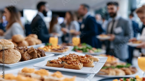 Business professionals and guests networking around a corporate catering buffet, sampling appetizers, pastries and drinks during a conference or seminar social gathering