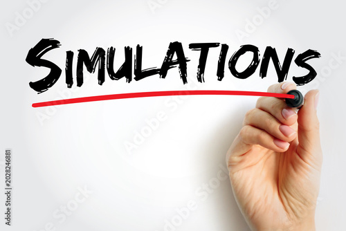 Simulations written in marker typography underlined in red, symbolizing interactive digital experiments, learning models, and realistic virtual education environments
