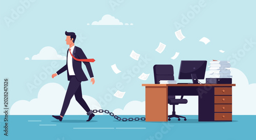 Tableau sur toile Businessman walking away from office desk while being held back by heavy chain representing professional burnout and workplace constraints or limitations