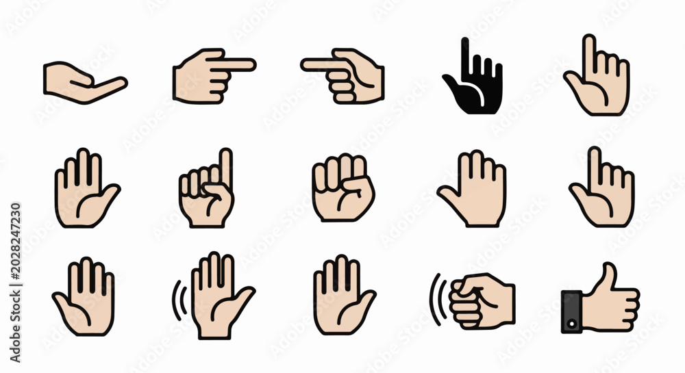 Fototapeta premium Collection of diverse hand gesture icons in a grid format, showcasing various human interactions