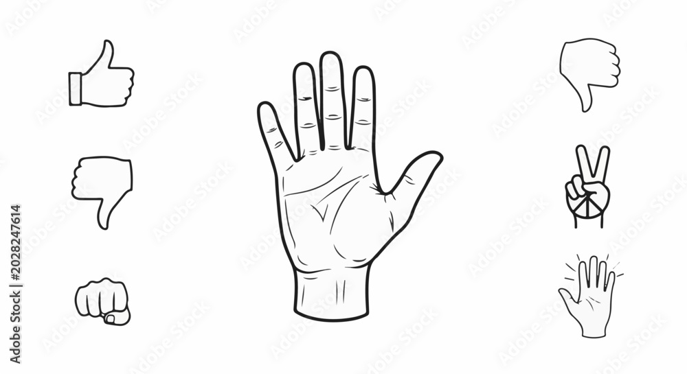 Fototapeta premium Collection of line art hand gestures open palm, thumbs up/down, fist, peace sign