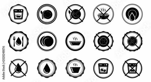 Collection of circular icons depicting kitchenware and dishwashing symbols